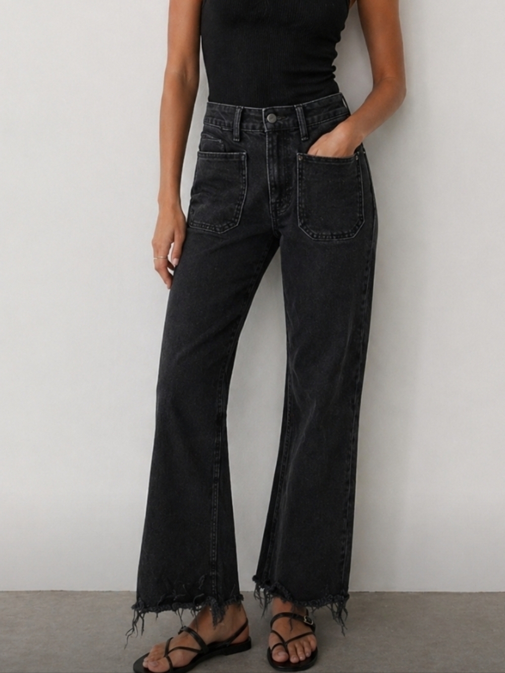Zara Black Flared Jeans with Distressed Frayed Hem Size 2